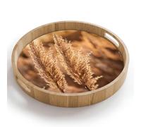 OnlyWow© Plateau De Service Rond 40x40 cm Plateaux Repas Bois Decoratif Table Dejeuner Résistant à La Chaleur Cafe Chene Poignée Déjeuner Plumes de roseau - Herbe - Coucher de soleil - Or