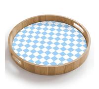 OnlyWow© Plateau De Service Rond 40x40 cm Plateaux Repas Bois Decoratif Table Dejeuner Résistant à La Chaleur Cafe Chene Poignée Déjeuner Échiquier - Classique - Bleu