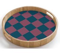 OnlyWow© Plateau De Service Rond 40x40 cm Plateaux Repas Bois Decoratif Table Dejeuner Résistant à La Chaleur Cafe Chene Poignée Déjeuner Échiquier imprimé - Bleu - Rouge - Cubes