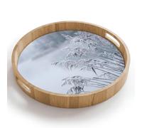 OnlyWow© Plateau De Service Rond 40x40 cm Plateaux Repas Bois Decoratif Table Dejeuner Résistant à La Chaleur Cafe Chene Poignée Déjeuner Roseau - Gelé - Hiver - Nature