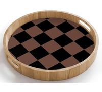 OnlyWow© Plateau De Service Rond 40x40 cm Plateaux Repas Bois Decoratif Table Dejeuner Résistant à La Chaleur Cafe Chene Poignée Déjeuner Impression échiquier - Marron - Noir - Blocs