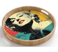 OnlyWow© Plateau De Service Rond 50x50 cm Plateaux Repas Bois Decoratif Table Dejeuner Résistant à La Chaleur Cafe Chene Poignée Déjeuner Femme - Lèvres rouges - Couleurs - Style pop art
