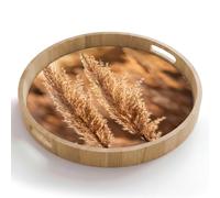 OnlyWow© Plateau De Service Rond 50x50 cm Plateaux Repas Bois Decoratif Table Dejeuner Résistant à La Chaleur Cafe Chene Poignée Déjeuner Plumes de roseau - Herbe - Coucher de soleil - Or