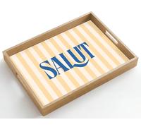 OnlyWow© Plateau De Table Plateaux Service Repas Bois Decoratif | 50x35 cm - Rectangulaire - Antidérapant Cafe Deco Chene Poignée Déjeuner Salut - Citation - Rayures - Jaune - Bleu - Blanc