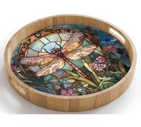 OnlyWow© Plateau De Table Plateaux Service Repas Bois Decoratif Dejeuner | 40x40 cm - Rond - Antidérapant Cafe Deco Chene Avec Poignée Déjeuner Libelle - Mosaïque - Fleurs - Coloré