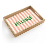 OnlyWow© Plateau De Table Rectangulaire 40x30 cm Plateaux Service Repas Bois Decoratif Antidérapant Cafe Deco Chene Poignée Déjeuner Rose pâle - Vert - Rayures - Ma Chérie