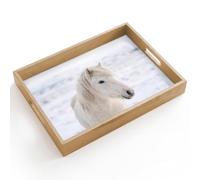 OnlyWow© Plateau De Table Rectangulaire 40x30 cm Plateaux Service Repas Bois Decoratif Antidérapant Cafe Deco Chene Poignée Déjeuner Cheval - Tête - Hiver - Animaux - Blanc