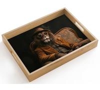 OnlyWow© Plateau De Table Rectangulaire 40x30 cm Plateaux Service Repas Bois Decoratif Antidérapant Cafe Deco Chene Poignée Déjeuner Lunettes - Lion - Banc - Chapeau