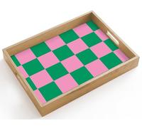 OnlyWow© Plateau De Table Rectangulaire 40x30 cm Plateaux Service Repas Bois Decoratif Antidérapant Cafe Deco Chene Poignée Déjeuner Motif l'échiquier - Vert - Rose - Cubes
