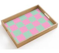 OnlyWow© Plateau De Table Rectangulaire 40x30 cm Plateaux Service Repas Bois Decoratif Antidérapant Cafe Deco Chene Poignée Déjeuner Motif l'échiquier - Vert - Rose - Cubes