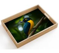 OnlyWow© Plateau De Table Rectangulaire 40x30 cm Plateaux Service Repas Bois Decoratif Antidérapant Cafe Deco Chene Poignée Déjeuner Oiseau - Branche - Jaune - Feuilles