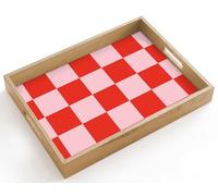 OnlyWow© Plateau De Table Rectangulaire 40x30 cm Plateaux Service Repas Bois Decoratif Antidérapant Cafe Deco Chene Poignée Déjeuner Motif l'échiquier - Rouge - Rose - Cubes