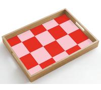 OnlyWow© Plateau De Table Rectangulaire 50x35 cm Plateaux Service Repas Bois Decoratif Antidérapant Cafe Deco Chene Poignée Déjeuner Motif l'échiquier - Rouge - Rose - Cubes
