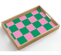 OnlyWow© Plateau De Table Rectangulaire 50x35 cm Plateaux Service Repas Bois Decoratif Antidérapant Cafe Deco Chene Poignée Déjeuner Motif l'échiquier - Vert - Rose - Cubes