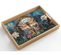 OnlyWow© Plateau De Table Rectangulaire 50x35 cm Plateaux Service Repas Bois Decoratif Antidérapant Cafe Deco Chene Poignée Déjeuner Libelle - Mosaïque - Fleurs - Coloré