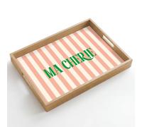 OnlyWow© Plateau De Table Rectangulaire 50x35 cm Plateaux Service Repas Bois Decoratif Antidérapant Cafe Deco Chene Poignée Déjeuner Rose pâle - Vert - Rayures - Ma Chérie