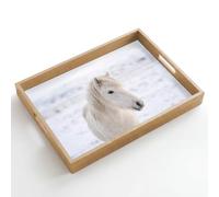 OnlyWow© Plateau De Table Rectangulaire 50x35 cm Plateaux Service Repas Bois Decoratif Antidérapant Cafe Deco Chene Poignée Déjeuner Cheval - Tête - Hiver - Animaux - Blanc