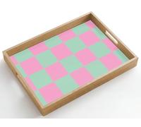 OnlyWow© Plateau De Table Rectangulaire 50x35 cm Plateaux Service Repas Bois Decoratif Antidérapant Cafe Deco Chene Poignée Déjeuner Motif l'échiquier - Vert - Rose - Cubes