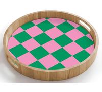 OnlyWow© Plateau De Table Rond 40x40 cm Plateaux Service Repas Bois Decoratif Dejeuner Antidérapant Cafe Deco Chene Avec Poignée Déjeuner Motif l'échiquier - Vert - Rose - Cubes