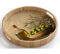 OnlyWow© Plateau De Table Rond 40x40 cm Plateaux Service Repas Bois Decoratif Dejeuner Antidérapant Cafe Deco Chene Avec Poignée Déjeuner Olives - Nature morte - Vintage