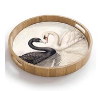 OnlyWow© Plateau De Table Rond 40x40 cm Plateaux Service Repas Bois Decoratif Dejeuner Antidérapant Cafe Deco Chene Avec Poignée Déjeuner Cygnes - Forme de cœur - Animaux