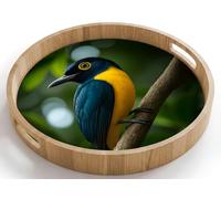 OnlyWow© Plateau De Table Rond 40x40 cm Plateaux Service Repas Bois Decoratif Dejeuner Antidérapant Cafe Deco Chene Avec Poignée Déjeuner Oiseau - Branche - Jaune - Feuilles