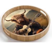 OnlyWow© Plateau De Table Rond 40x40 cm Plateaux Service Repas Bois Decoratif Dejeuner Antidérapant Cafe Deco Chene Avec Poignée Déjeuner Highlander écossais - Guitare - Fleurs - Montagnes