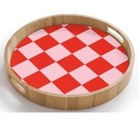 OnlyWow© Plateau De Table Rond 40x40 cm Plateaux Service Repas Bois Decoratif Dejeuner Antidérapant Cafe Deco Chene Avec Poignée Déjeuner Motif l'échiquier - Rouge - Rose - Cubes