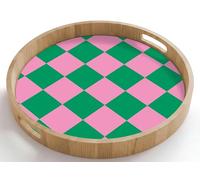 OnlyWow© Plateau De Table Rond 50x50 cm Plateaux Service Repas Bois Decoratif Dejeuner Antidérapant Cafe Deco Chene Avec Poignée Déjeuner Motif l'échiquier - Vert - Rose - Cubes