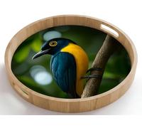 OnlyWow© Plateau De Table Rond 50x50 cm Plateaux Service Repas Bois Decoratif Dejeuner Antidérapant Cafe Deco Chene Avec Poignée Déjeuner Oiseau - Branche - Jaune - Feuilles
