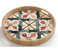 OnlyWow© Plateau De Table Rond 50x50 cm Plateaux Service Repas Bois Decoratif Dejeuner Antidérapant Cafe Deco Chene Avec Poignée Déjeuner Décoration - Carreaux - Espagnol - Vintage