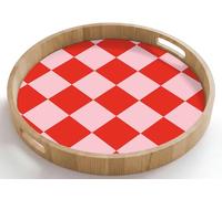 OnlyWow© Plateau De Table Rond 50x50 cm Plateaux Service Repas Bois Decoratif Dejeuner Antidérapant Cafe Deco Chene Avec Poignée Déjeuner Motif l'échiquier - Rouge - Rose - Cubes