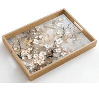 OnlyWow© Plateau Plateaux Service Repas Bois Decoratif Table Résistant Aux | 50x35 cm - Rectangulaire - Rayures Cafe Chene Avec Poignée Déjeuner Fleurs - Blanc - Or - Beige - Luxe