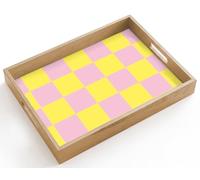 OnlyWow© Plateau Rectangulaire 40x30 cm Plateaux Service Repas Bois Decoratif Table Résistant Aux Rayures Cafe Chene Avec Poignée Déjeuner Motif de l'échiquier - Jaune - Rose - Cubes