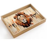 OnlyWow© Plateau Rectangulaire 40x30 cm Plateaux Service Repas Bois Decoratif Table Résistant Aux Rayures Cafe Chene Avec Poignée Déjeuner Tête de lion - Lignes - Crème