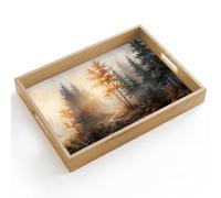 OnlyWow© Plateau Rectangulaire 40x30 cm Plateaux Service Repas Bois Decoratif Table Résistant Aux Rayures Cafe Chene Avec Poignée Déjeuner Chemin forestier - Feuilles d'automne - Nature