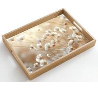 OnlyWow© Plateau Rectangulaire 50x35 cm Plateaux Service Repas Bois Decoratif Table Résistant Aux Rayures Cafe Chene Avec Poignée Déjeuner Sauvage - Fleurs - Blanc