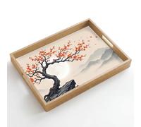 OnlyWow© Plateau Rectangulaire 50x35 cm Plateaux Service Repas Bois Decoratif Table Résistant Aux Rayures Cafe Chene Avec Poignée Déjeuner Asiatique - Fleur - Rouge