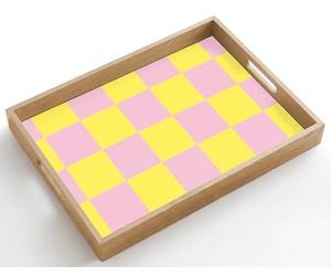 OnlyWow© Plateau Rectangulaire 50x35 cm Plateaux Service Repas Bois Decoratif Table Résistant Aux Rayures Cafe Chene Avec Poignée Déjeuner Motif de l'échiquier - Jaune - Rose - Cubes