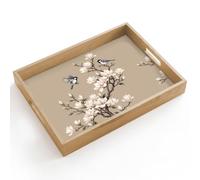 OnlyWow© Plateau Repas Bois Rectangulaire 40x30 cm Plateaux Service Table Dejeuner Cafe Résistant à La Chaleur Chene Poignée Déjeuner Oriental - Oiseaux - Beige
