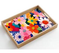 OnlyWow© Plateau Repas Bois Rectangulaire 50x35 cm Plateaux Service Table Dejeuner Cafe Résistant à La Chaleur Chene Poignée Déjeuner Fleurs - Colorées - Points