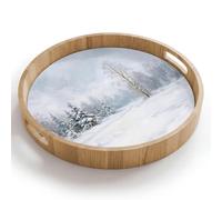 OnlyWow© Plateau Repas Bois Rond 40x40 cm Plateaux Service Decoratif Table Dejeuner Cafe Résistant à La Chaleur Chene Poignée Déjeuner Sentier forestier - Pin - Neige - Hiver - Reposant