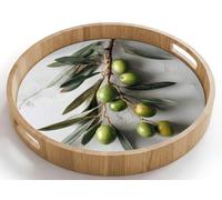 OnlyWow© Plateau Repas Bois Rond 40x40 cm Plateaux Service Decoratif Table Dejeuner Cafe Résistant à La Chaleur Chene Poignée Déjeuner Rameau d'olivier - Béton - Méditerranée