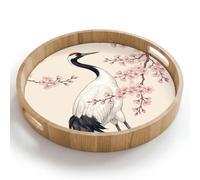 OnlyWow© Plateau Repas Bois Rond 40x40 cm Plateaux Service Decoratif Table Dejeuner Cafe Résistant à La Chaleur Chene Poignée Déjeuner Asiatique - Grue - Beige