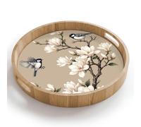 OnlyWow© Plateau Repas Bois Rond 40x40 cm Plateaux Service Decoratif Table Dejeuner Cafe Résistant à La Chaleur Chene Poignée Déjeuner Oriental - Oiseaux - Beige