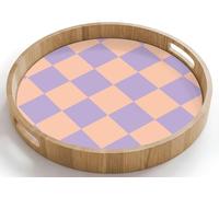 OnlyWow© Plateau Repas Bois Rond 40x40 cm Plateaux Service Decoratif Table Dejeuner Cafe Résistant à La Chaleur Chene Poignée Déjeuner Motif de l'échiquier - Violet - Rose - Cubes