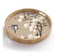 OnlyWow© Plateau Repas Bois Rond 50x50 cm Plateaux Service Decoratif Table Dejeuner Cafe Résistant à La Chaleur Chene Poignée Déjeuner Oriental - Oiseaux - Beige
