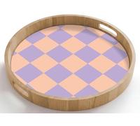 OnlyWow© Plateau Repas Bois Rond 50x50 cm Plateaux Service Decoratif Table Dejeuner Cafe Résistant à La Chaleur Chene Poignée Déjeuner Motif de l'échiquier - Violet - Rose - Cubes