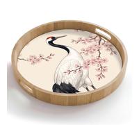 OnlyWow© Plateau Repas Bois Rond 50x50 cm Plateaux Service Decoratif Table Dejeuner Cafe Résistant à La Chaleur Chene Poignée Déjeuner Asiatique - Grue - Beige
