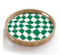 OnlyWow© Plateau Repas Bois Rond 50x50 cm Plateaux Service Decoratif Table Dejeuner Cafe Résistant à La Chaleur Chene Poignée Déjeuner Échiquier - Ondulé - Vert